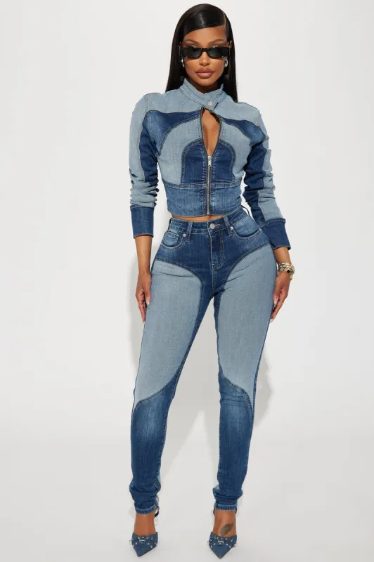 Coronado Two Tone Moto Skinny Jeans - Medium Wash made by Fashion Nova