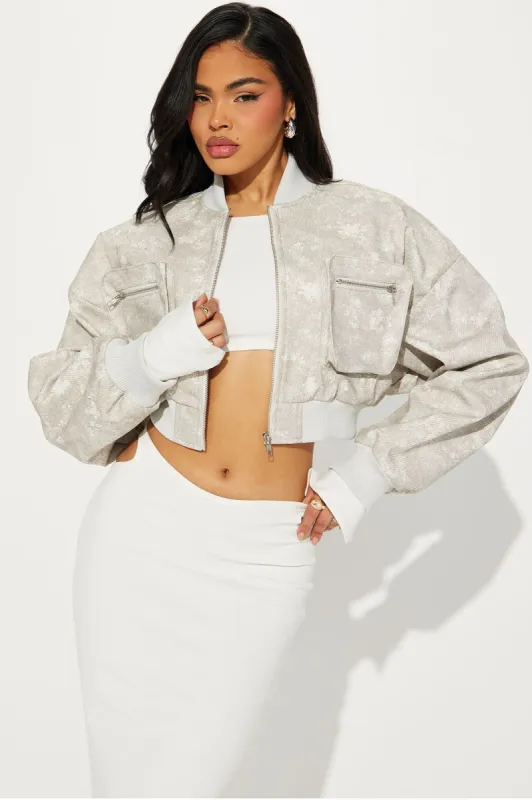 Catch Me In The City Cropped Bomber Jacket - Grey sold by Fashion Nova