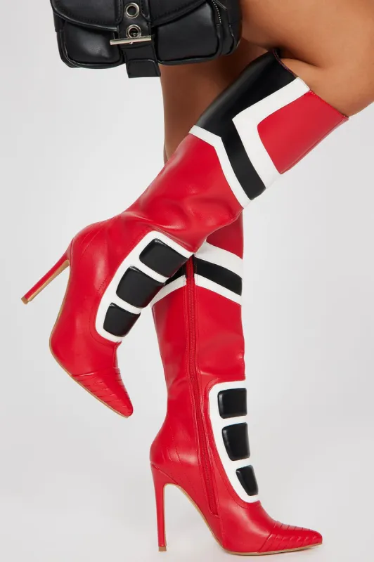 Forever A Baddie Knee High Heeled Boots - Black/Red sold by Fashion Nova