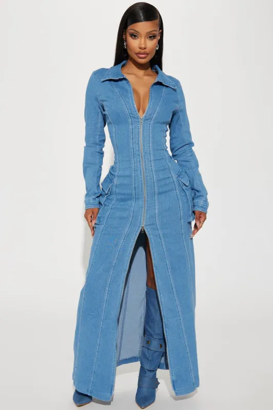 Brandy Denim Maxi Dress - Medium Blue Wash sold by Fashion Nova