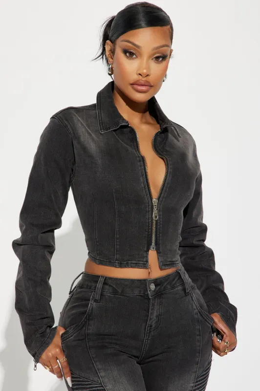 Skyline Drive Denim Moto Jacket - Black Wash sold by Fashion Nova