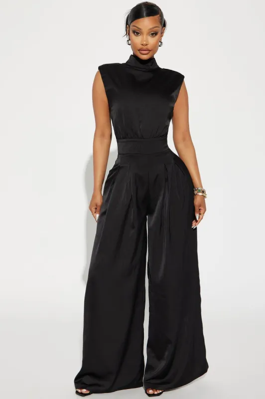 Name Of The Game Satin Jumpsuit - Black sold by Fashion Nova