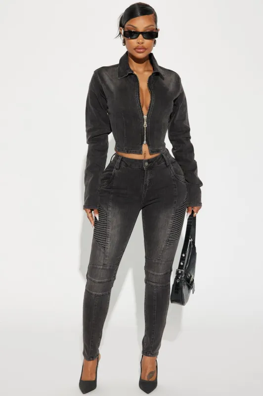 Skyline Drive Stretch Moto Skinny Jeans - Black Wash sold by Fashion Nova