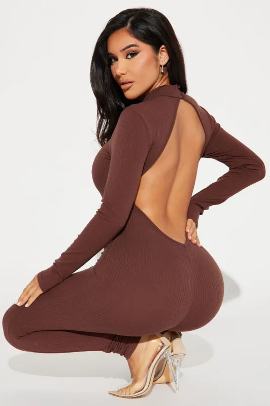 She's A Baddie Ribbed Jumpsuit - Brown sold by Fashion Nova