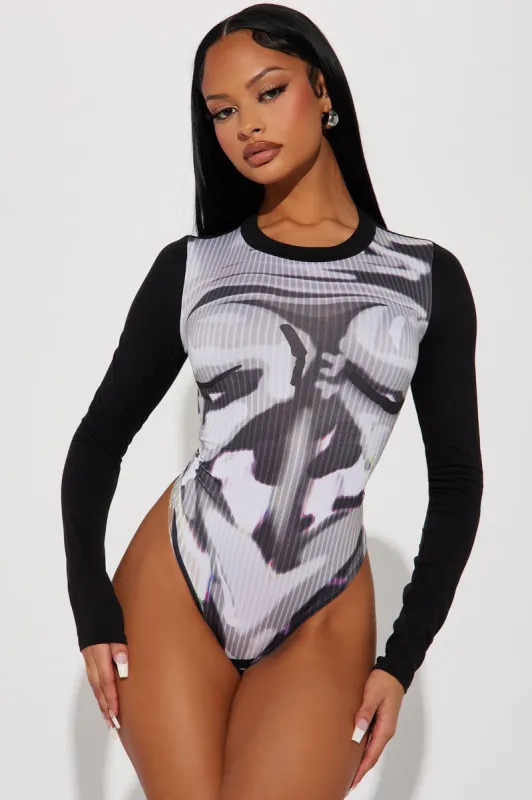 Don't Wait Long Sleeve Bodysuit - Black/combo sold by Fashion Nova