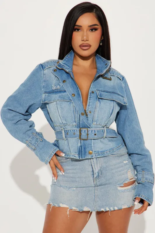 Here We Go Denim Cargo Jacket - Medium Wash sold by Fashion Nova