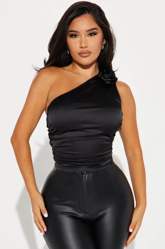 Floral Feeling Satin Top - Black sold by Fashion Nova