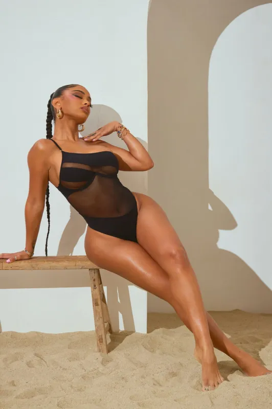 Baltic Sea Underwire Mesh Illusion 1 Piece Swimsuit - Black sold by Fashion Nova