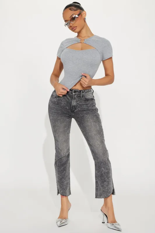 On Principal Stretch Cropped Flare Jeans - Grey sold by Fashion Nova