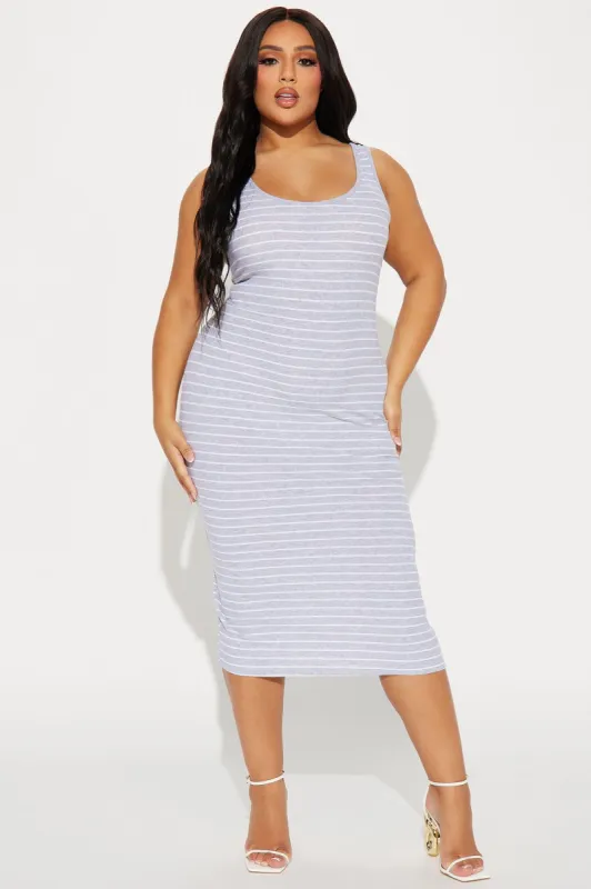 Heather Ribbed Stripe Midi Dress - Heather Grey sold by Fashion Nova