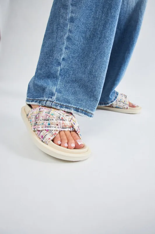 Cassandra Tweed Slides - White sold by Fashion Nova