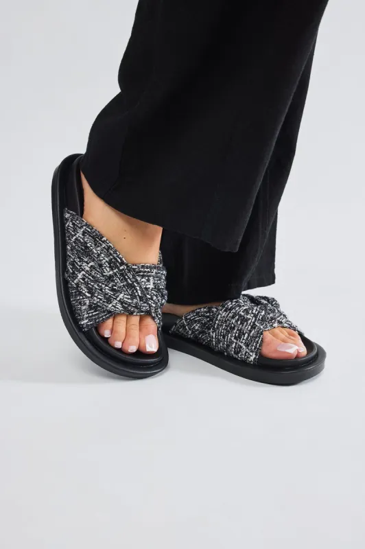 Cassandra Tweed Slides - Black sold by Fashion Nova