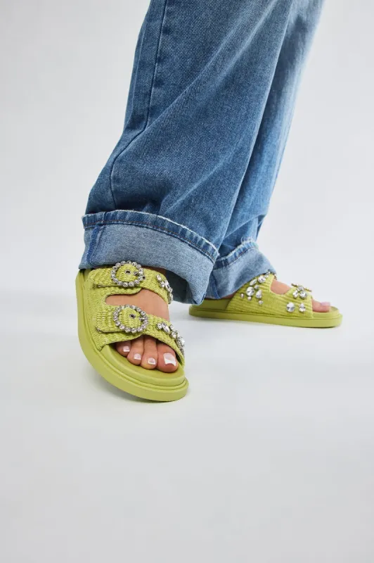 Sutton Embellished Slides - Green sold by Fashion Nova