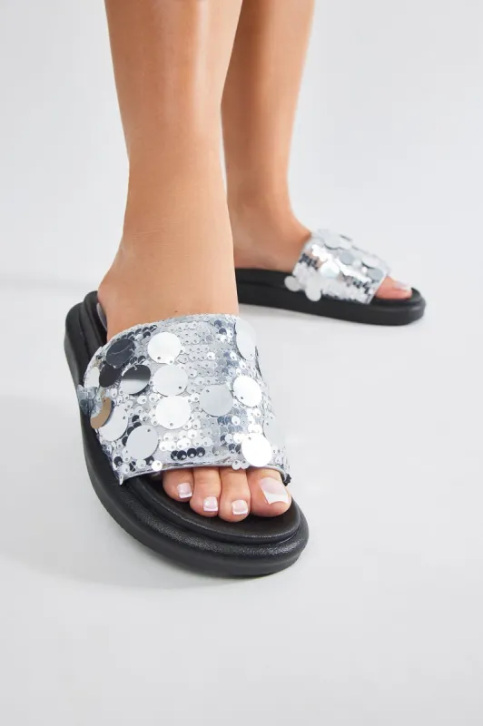 Girly Things Sequin Casual Slides - Silver sold by Fashion Nova