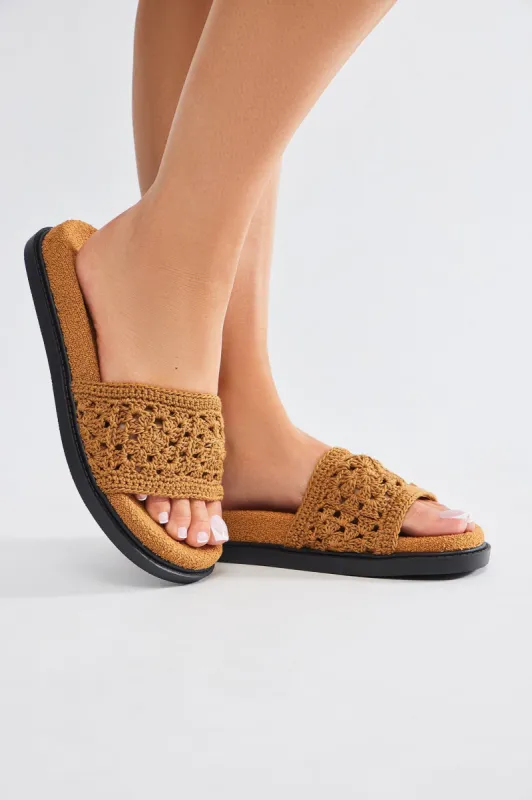 Laid Back Vacay Crochet Slides - Tan sold by Fashion Nova