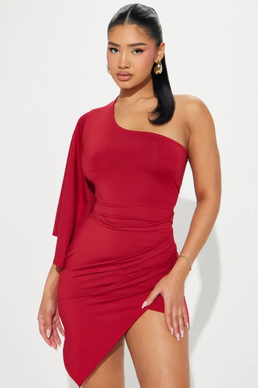 Serving Up Class One Shoulder Mini Dress - Wine sold by Fashion Nova
