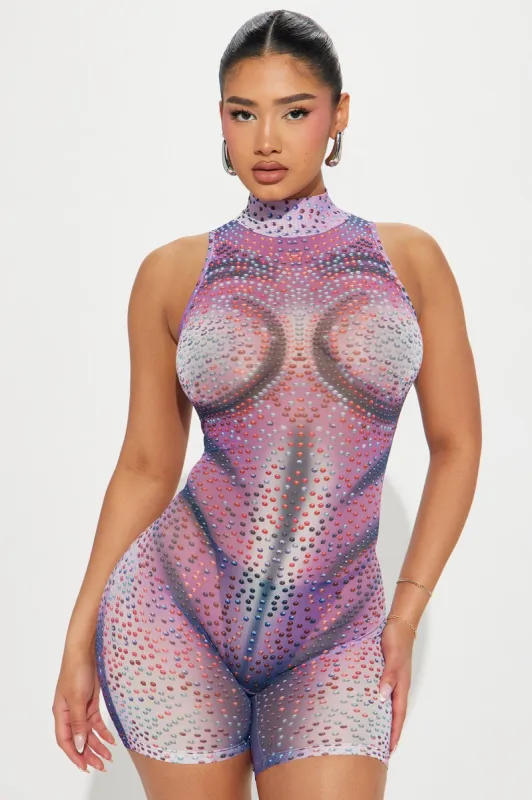 Going Global Mesh Romper - Purple/combo sold by Fashion Nova