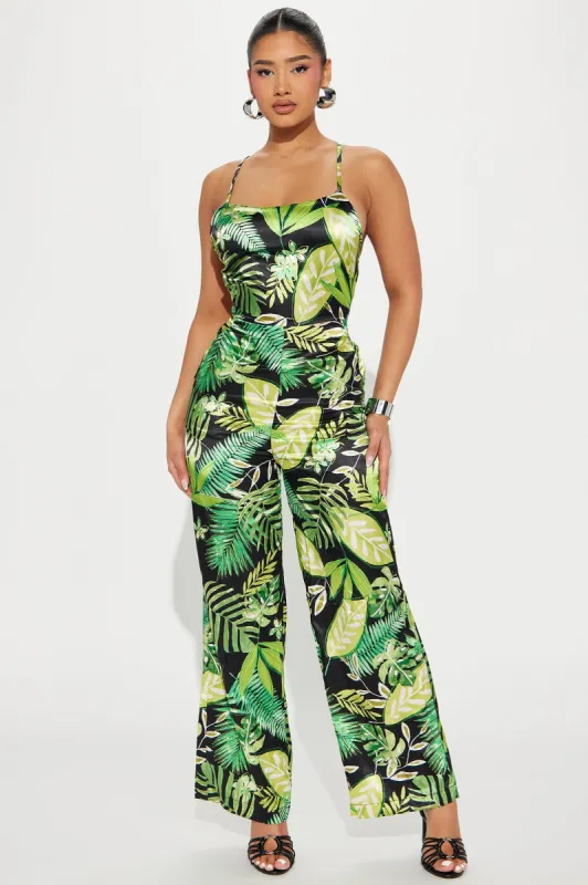 Aligned With You Satin Jumpsuit - Green/combo sold by Fashion Nova
