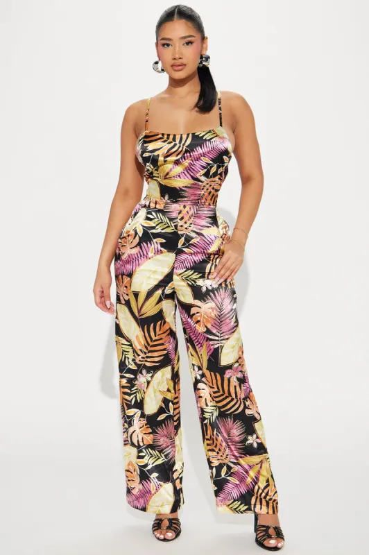 Aligned With You Satin Jumpsuit - Orange/combo sold by Fashion Nova