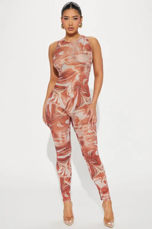 Electronic Feels Mesh Jumpsuit - Rust/combo sold by Fashion Nova