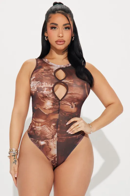 Bad Attitude Mesh Bodysuit - Brown/combo sold by Fashion Nova