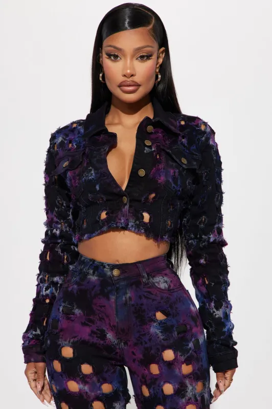 Dazed Stretch Ripped Denim Jacket - Black/Purple sold by Fashion Nova