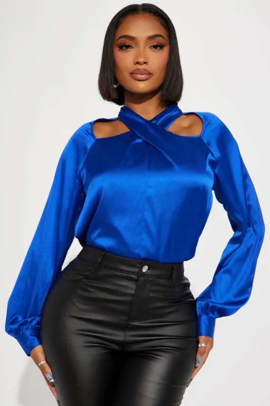 I Am The Gift Satin Blouse - Royal sold by Fashion Nova