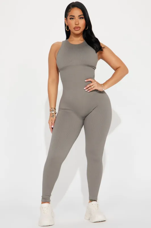Effortless Kim Ribbed Seamless Jumpsuit - Charcoal sold by Fashion Nova
