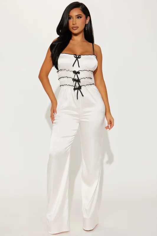 Italian Cafe Satin Jumpsuit - Cream sold by Fashion Nova