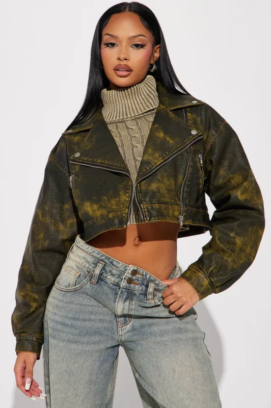 Roadie Washed Faux Leather Moto Jacket - Olive sold by Fashion Nova