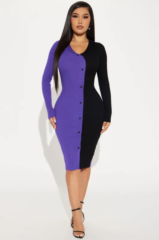 Cori Colorblock Sweater Midi Dress - Purple/combo sold by Fashion Nova