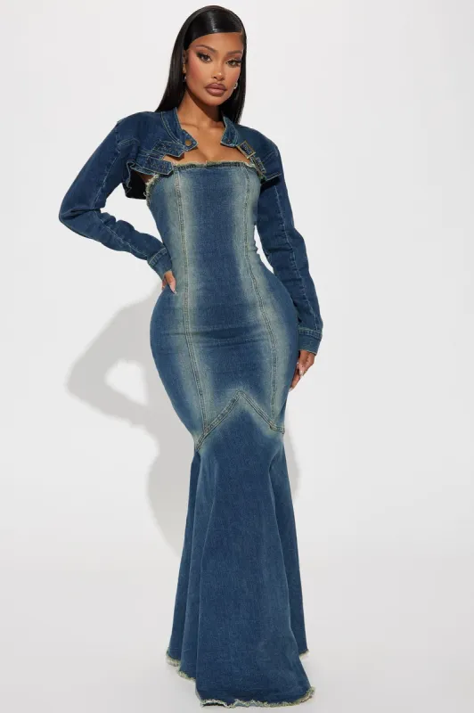 Elisha Denim Maxi Dress Set - Medium Wash sold by Fashion Nova