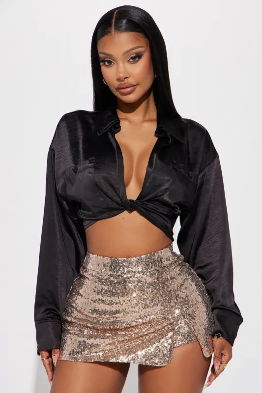 She Means Business Satin Shirt - Black sold by Fashion Nova