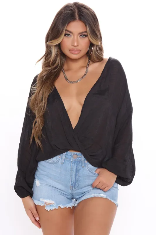 Hide No Emotion Surplice Top - Black sold by Fashion Nova