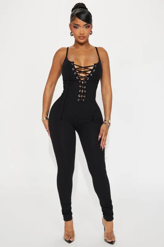 What's Going On Jumpsuit - Black sold by Fashion Nova
