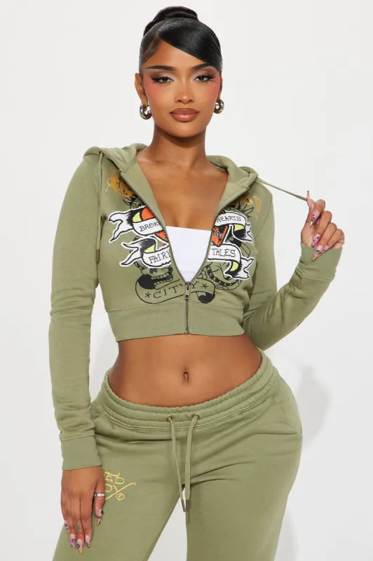 Ed Hardy Broken Hearts Zip Front Hoodie - Sage sold by Fashion Nova