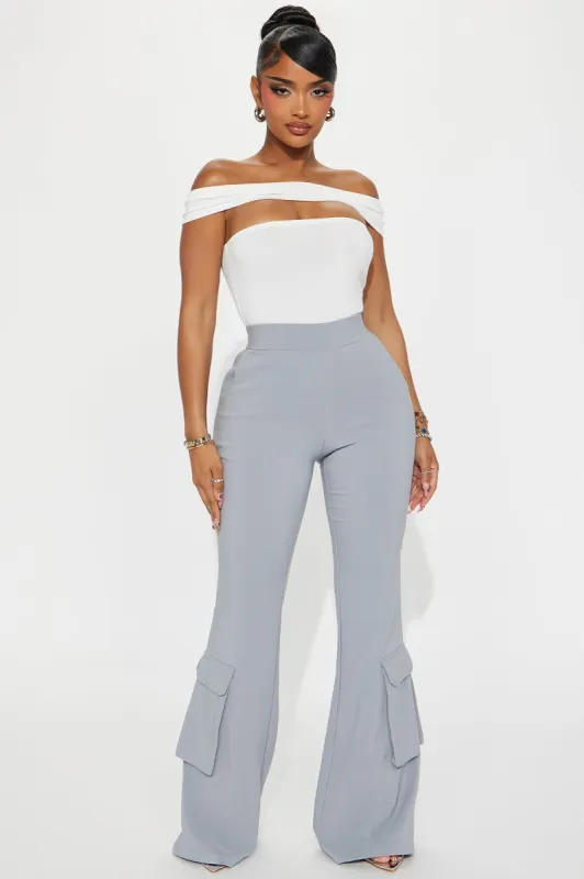 Strut This Cargo Flare Pant - Grey sold by Fashion Nova