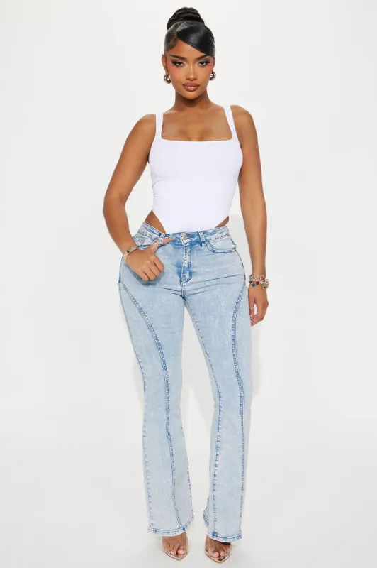 Well Deserved Studded Stretch Flare Jeans - Light Wash sold by Fashion Nova
