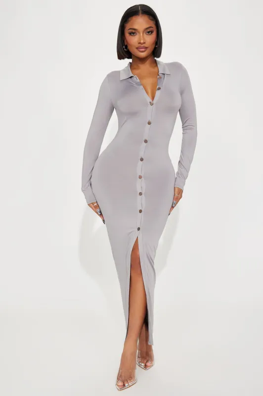 Luna Button Front Maxi Dress - Grey sold by Fashion Nova