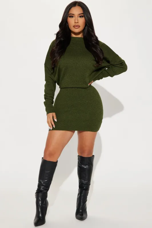 Abby Sweater Mini Dress - Olive/combo sold by Fashion Nova