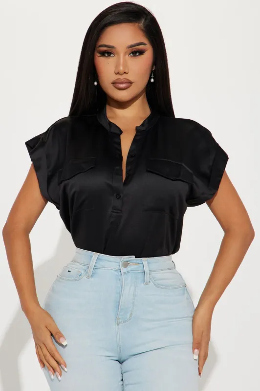 Julia Satin Shirt - Black sold by Fashion Nova