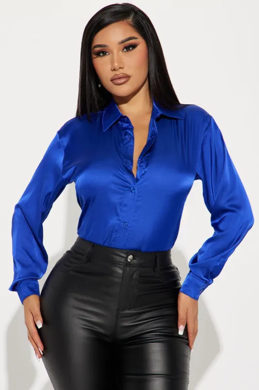 Trust The Wait Satin Shirt  - Royal sold by Fashion Nova
