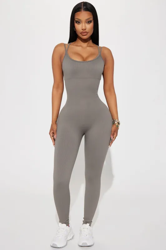 Effortless Joyce Ribbed Seamless Jumpsuit - Charcoal sold by Fashion Nova
