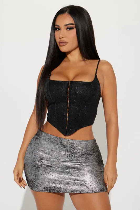 Party Never Stops Metallic Corset - Black sold by Fashion Nova