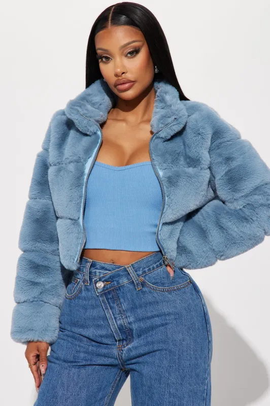 Ella Faux Fur Jacket - Slate Blue sold by Fashion Nova