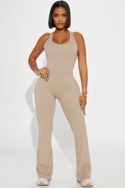Let's Get It Active Jumpsuit - Taupe sold by Fashion Nova