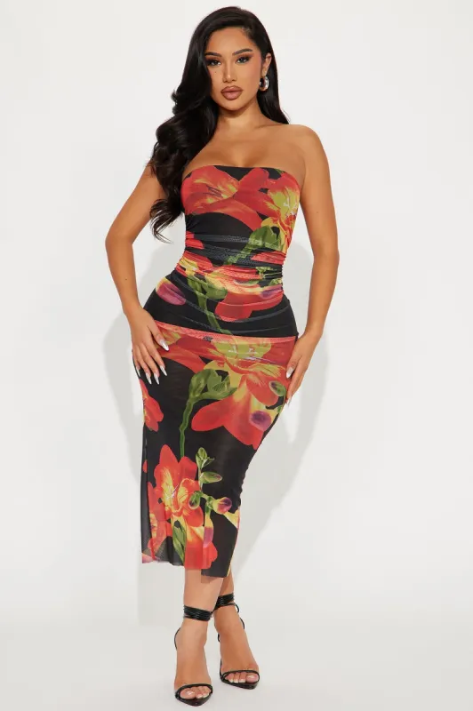 Eliza Floral Mesh Midi Dress - Black/Red sold by Fashion Nova