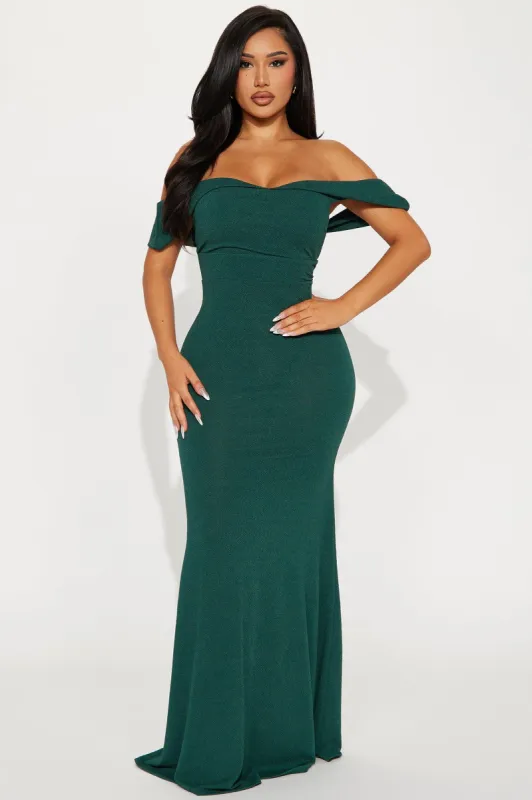 Eleganza Off Shoulder Gown - Hunter sold by Fashion Nova