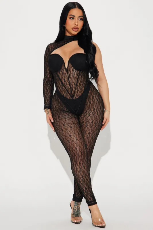 Out In Miami Lace Jumpsuit - Black sold by Fashion Nova
