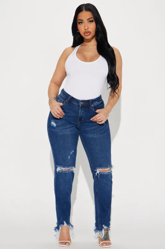 Just A Little Crush Stretch Ripped Fray Hem Straight Leg Jeans - Dark Wash sold by Fashion Nova